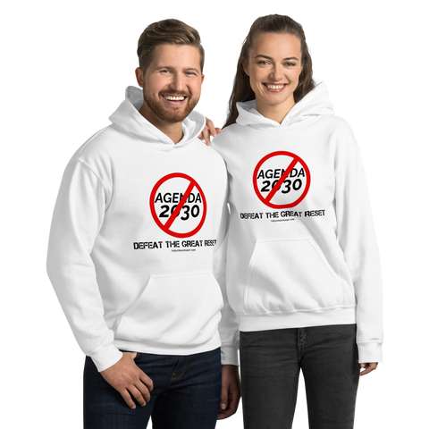 Defeat the Great Reset: Cancel Agenda 2030 Hoodie (Black Letters)